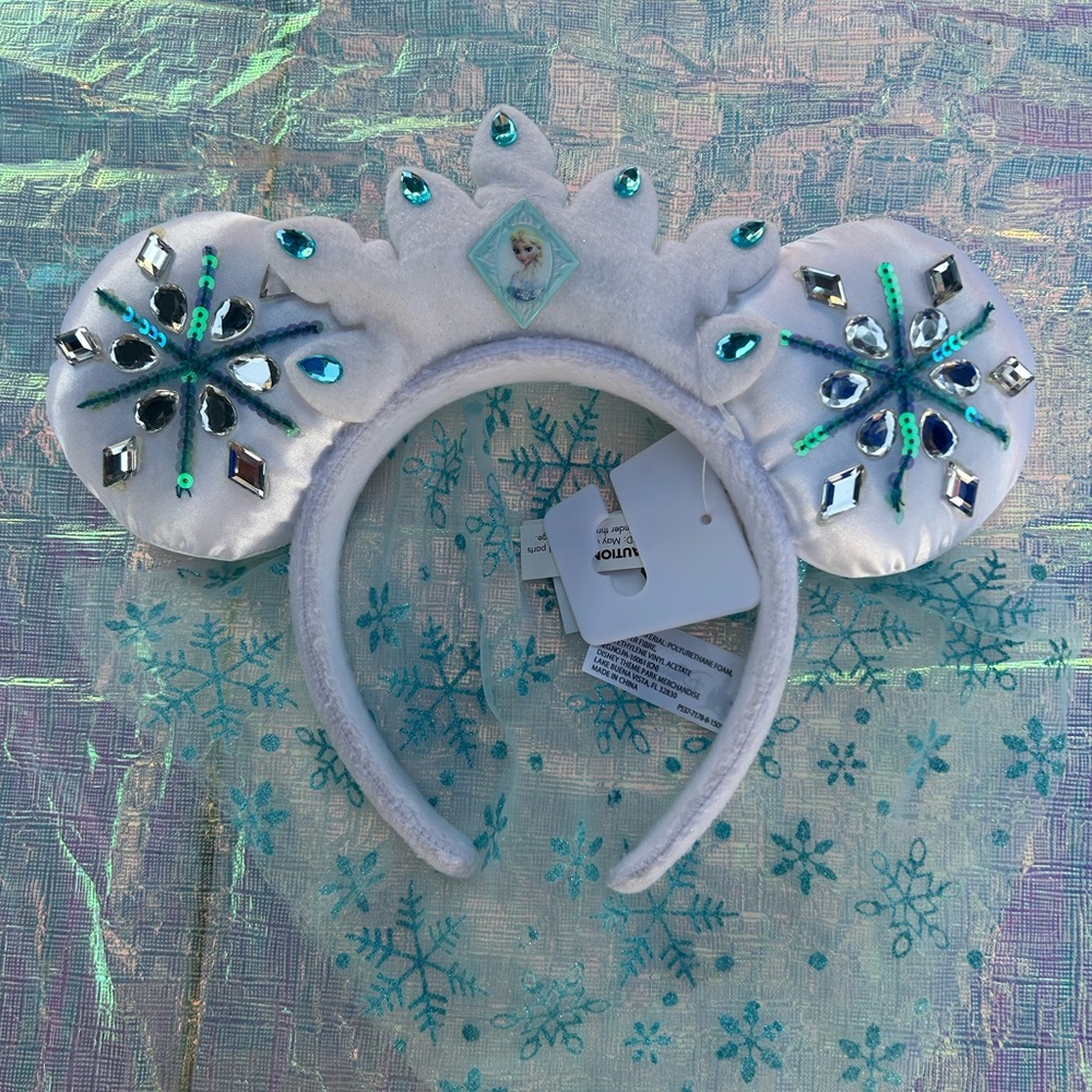 Disney Elsa Frozen Snowflake Headband - White and Blue with Veil Mickey Ears